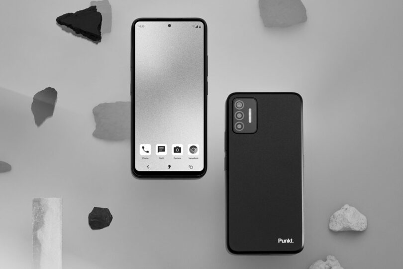 PUNKT MC02 smartphone screen with one row of monochromatic app icons, alongside another MC02 showing its three lens rear cameras.
