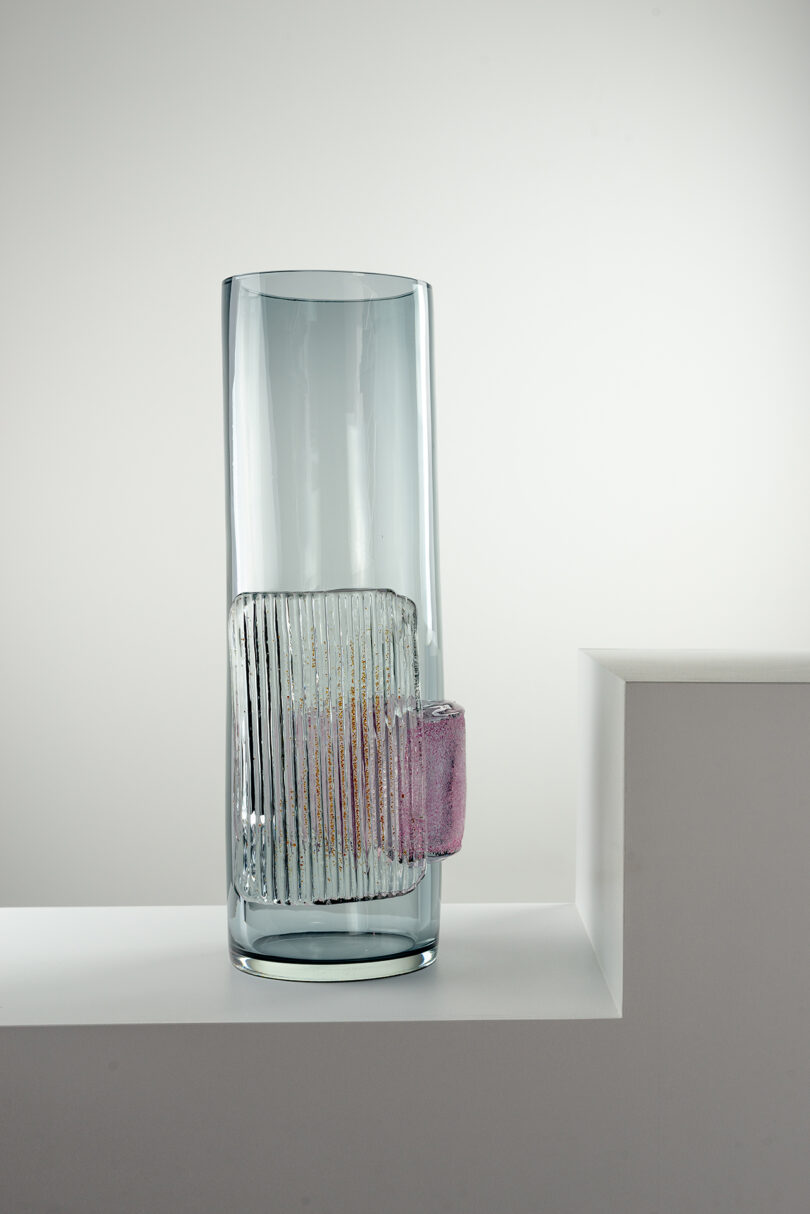 tall light grey and light pink Murano glass vase
