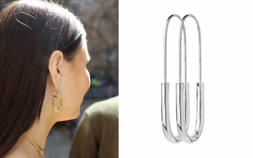 side by side images of a side back view of a woman's head weating multiple earrings and a pair of matching earrings on right