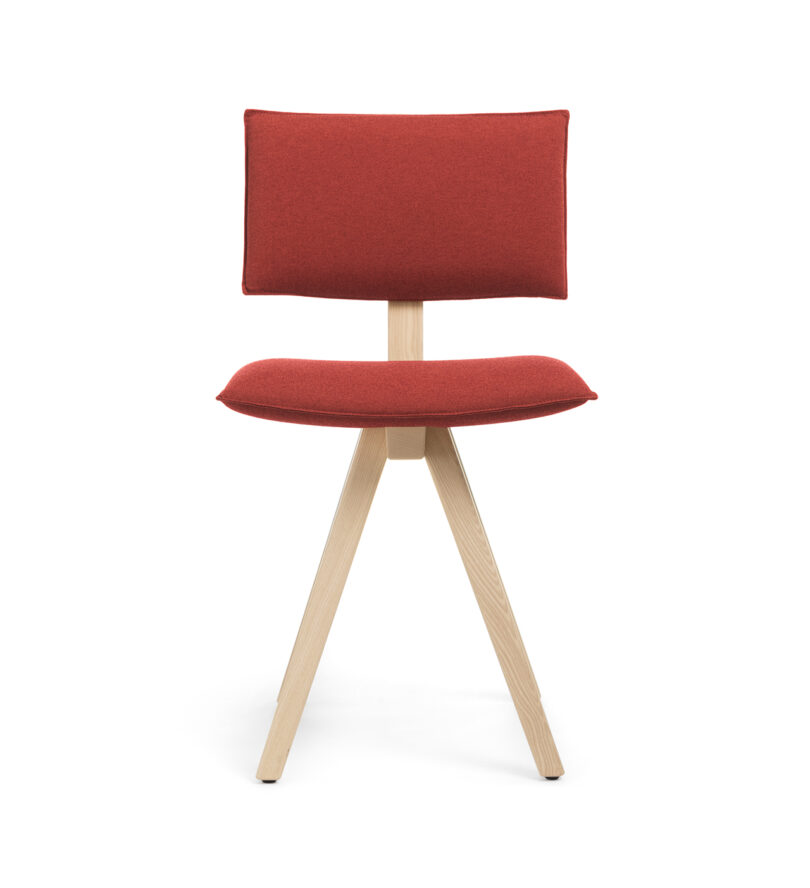 dining chair with red padded, upholstered seat and back
