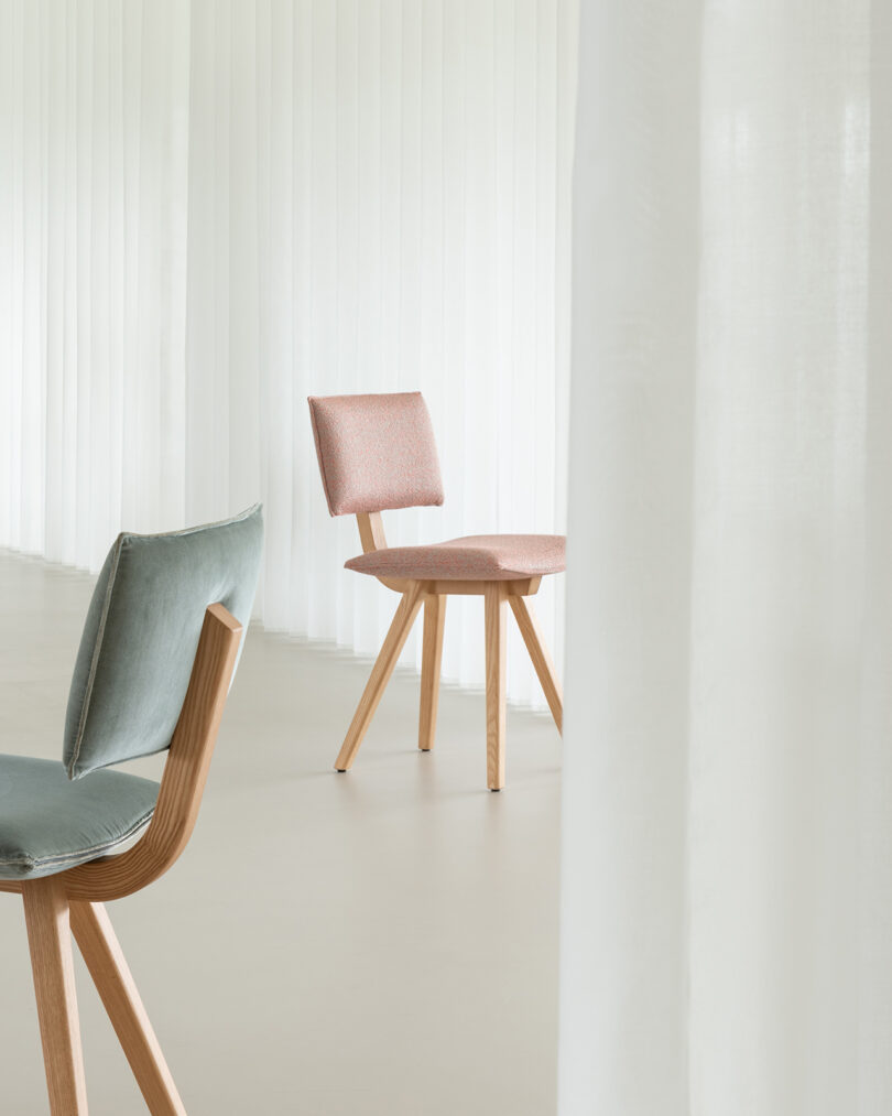 two dining chairs with pink and blue padded, upholstered seat and back in front of a white curtain
