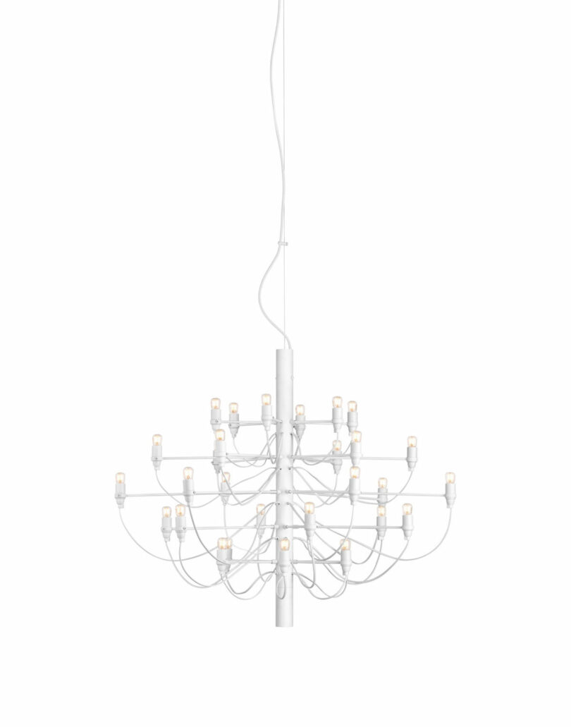 white chandelier with 30 lightbulbs