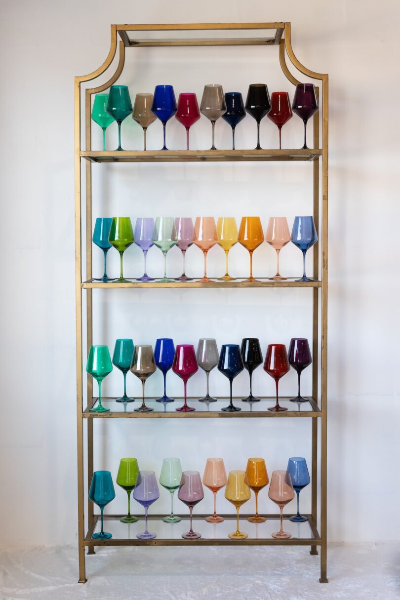 shelving with colored wine glass stemware