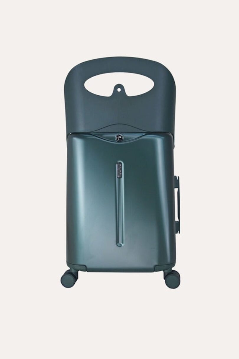 green luggage with pop-up seat