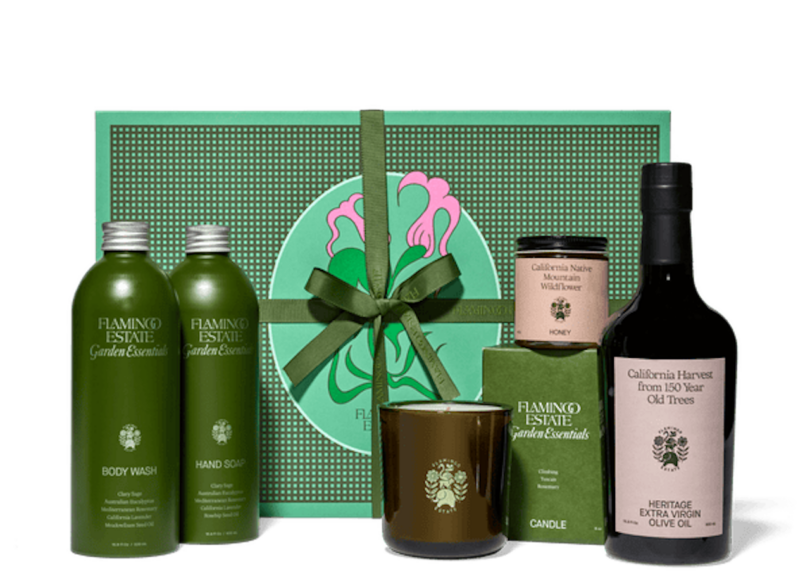 gift set with body wash, hand soap, candle, olive oil, and honey