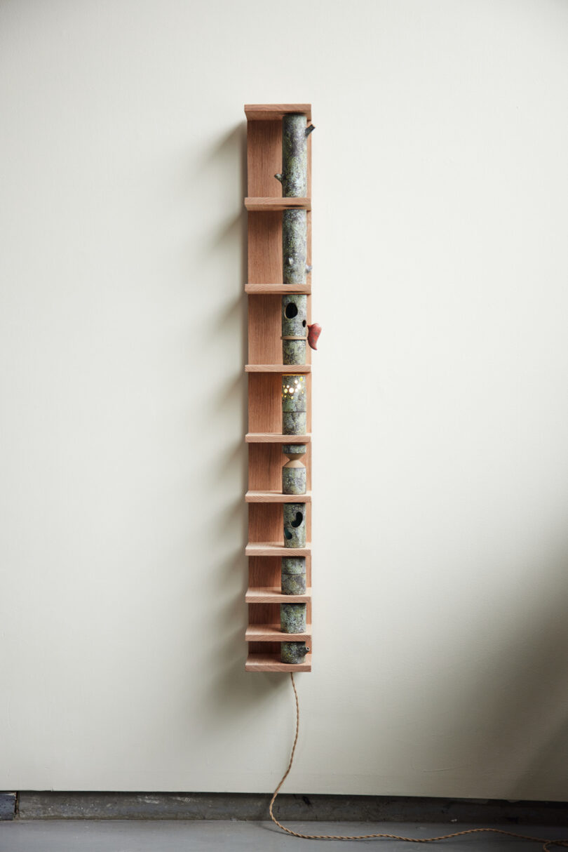 ten ceramic objects on wooden shelf