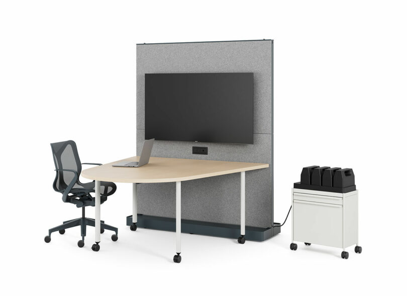 office desk with monitor mounted above