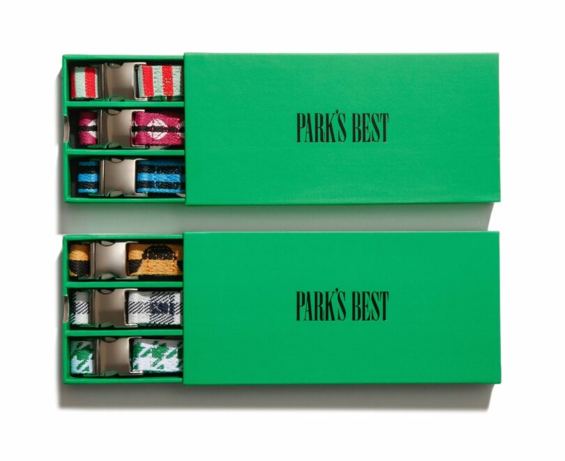 dog collars in two green boxes