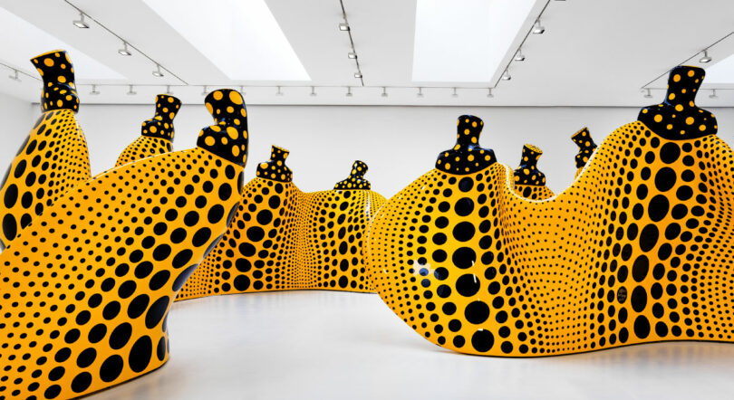 Colorful field of black and yellow polkadot installasions clustered filling the room