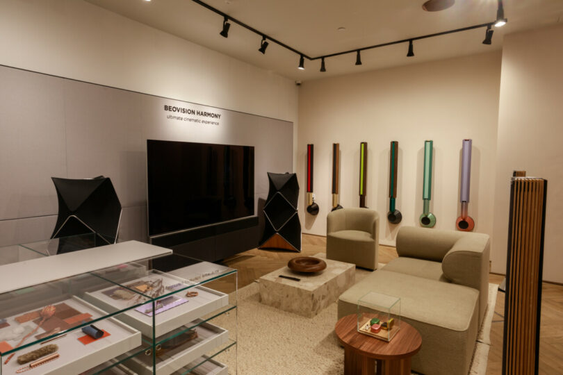 Rear space in the Bang & Olufsen showroom with large electronics.