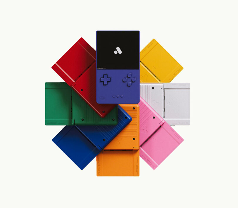fanned array of colorful handheld pocket gaming devices