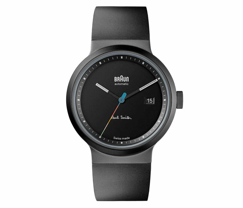 black minimalist watch with stripe second hand