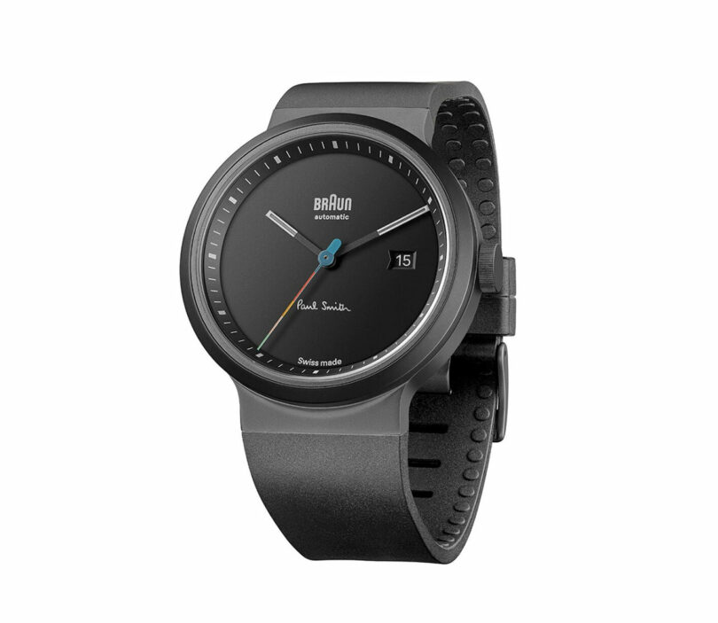 black minimalist watch with stripe second hand