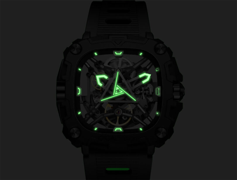CIGA Design Eye of Horus mechanical wristwatch's hours and minutes hand alongside "eye" centerpiece glowing green