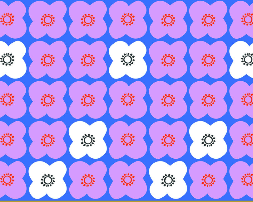 periwinkle, lavender, orange, and white pattern resembling flowers