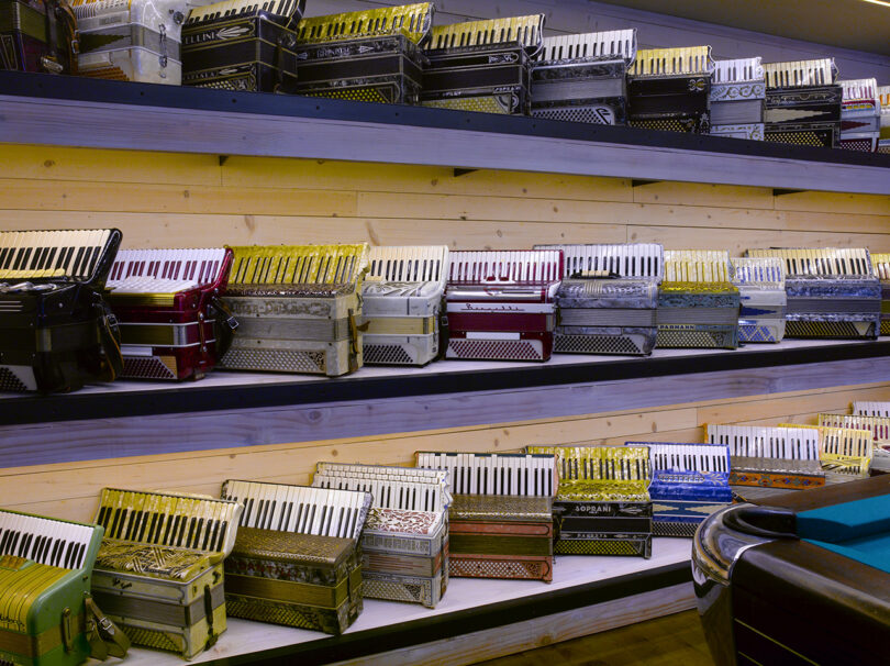 shelves fill with vintage accordions
