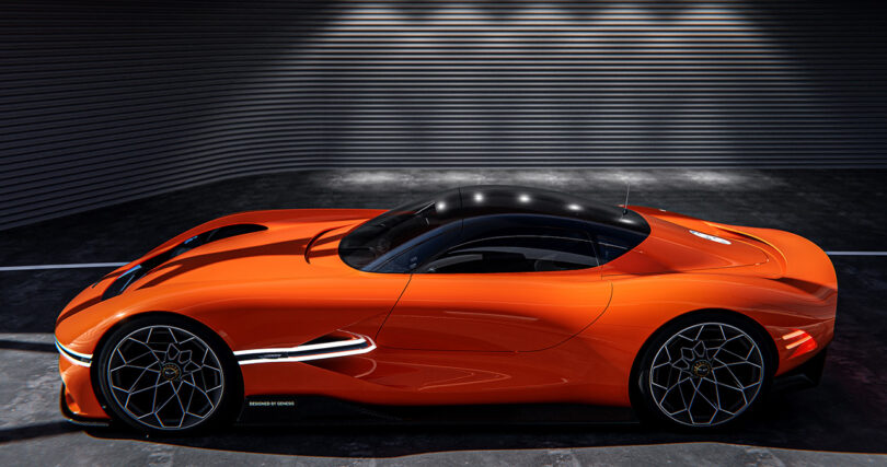 Overhead angled side view of magma orange paint colored Genesis X Gran Berlinetta Vision Gran Turismo Concept 