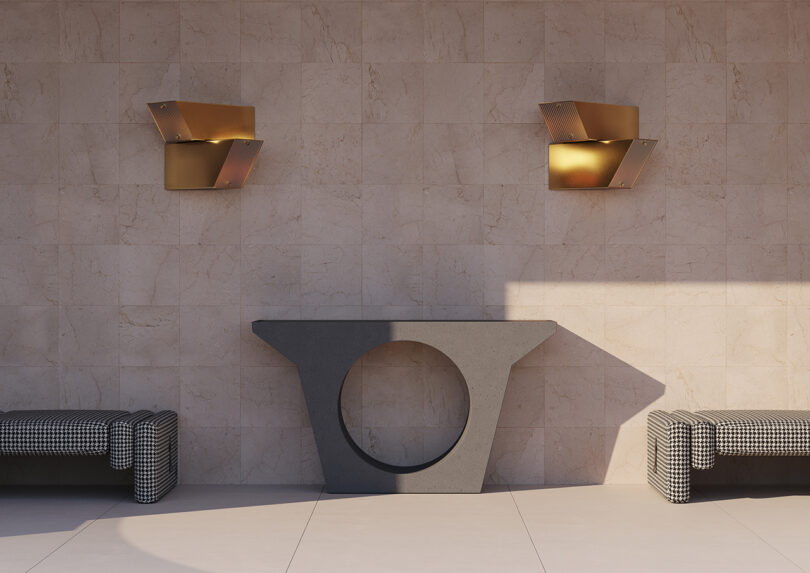 modern geometric console table with abstract sconces