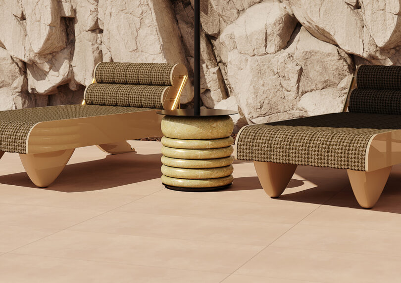 two modern daybeds with a parasol between them