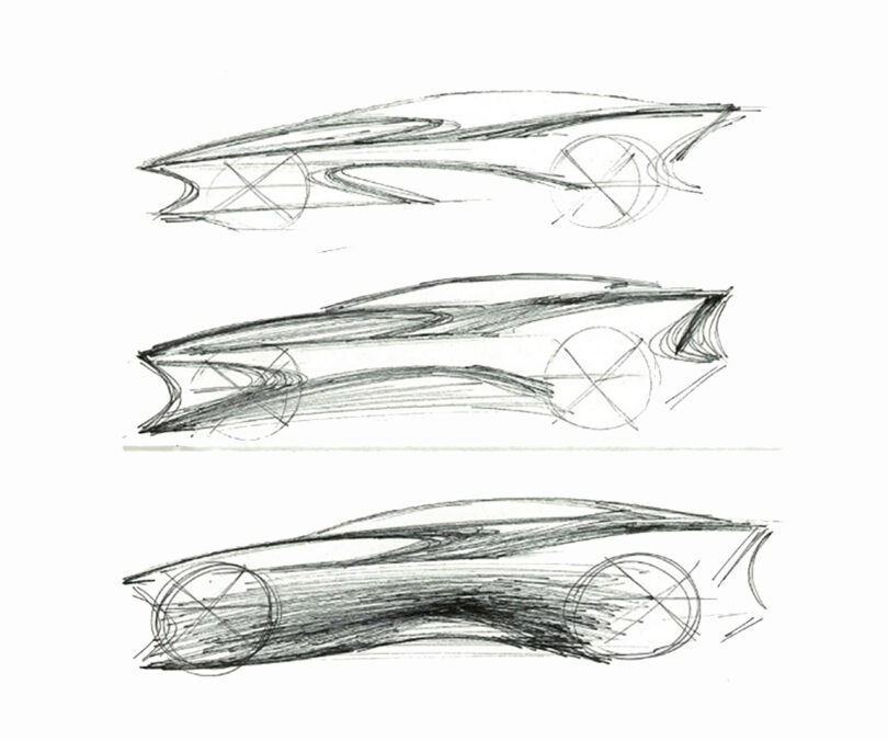 Three pencil sketches of what would eventually become the Vision Qe, as drawn by Kazuki Aoyama.