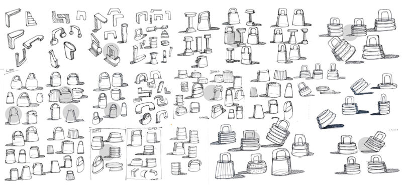Early pencil sketches and explorative designs of the Lift stackable weight kettlebell concept.