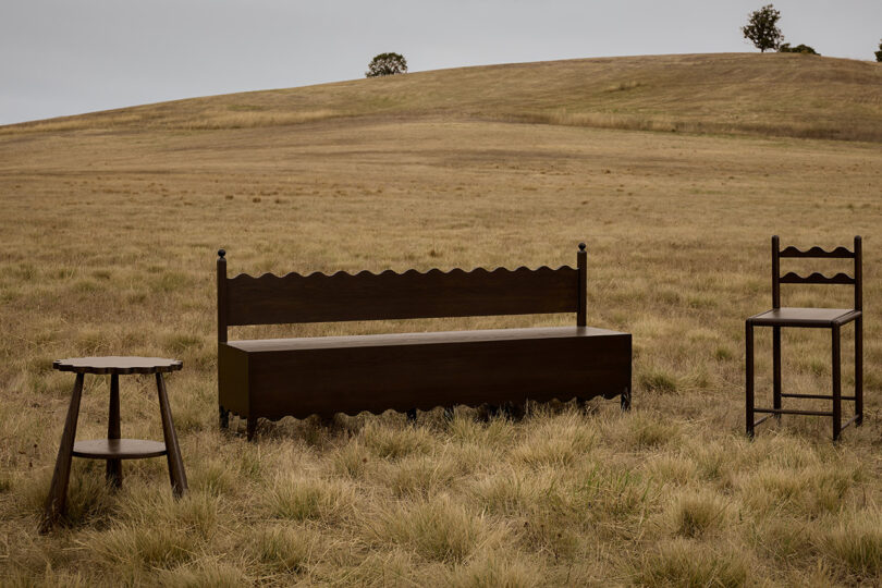 three pieces of dark wood furniture in an off-season field