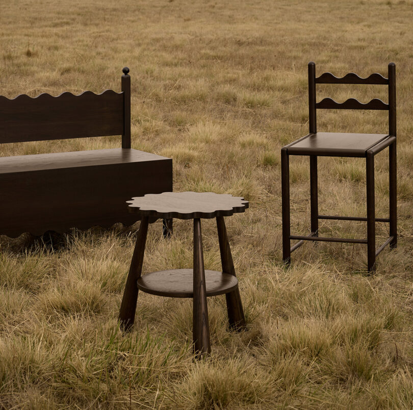 three pieces of dark wood furniture in an off-season field