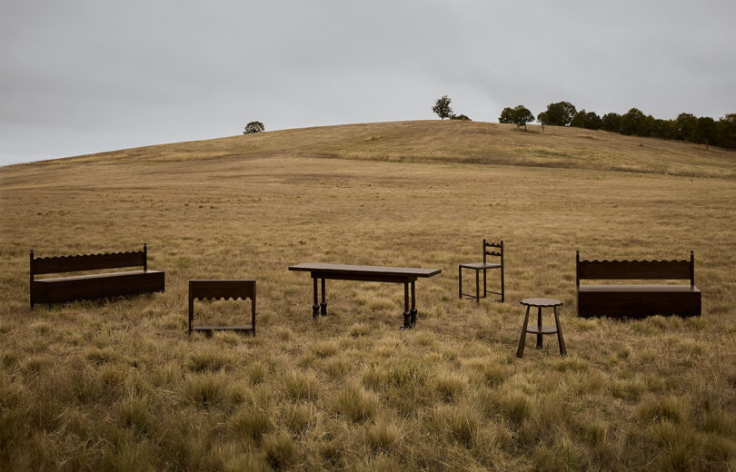 six pieces of dark wood furniture in an off-season field