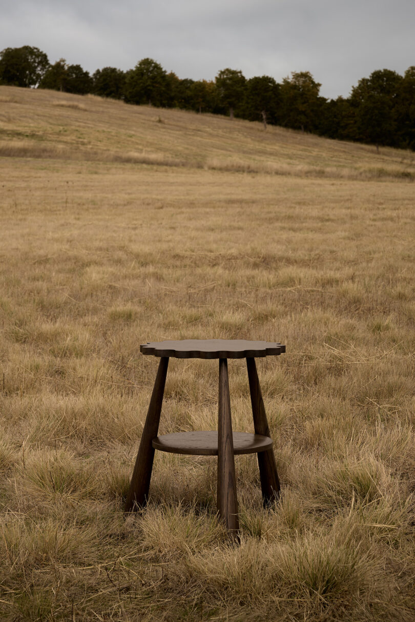 dark wood tripod stool in an off-season field