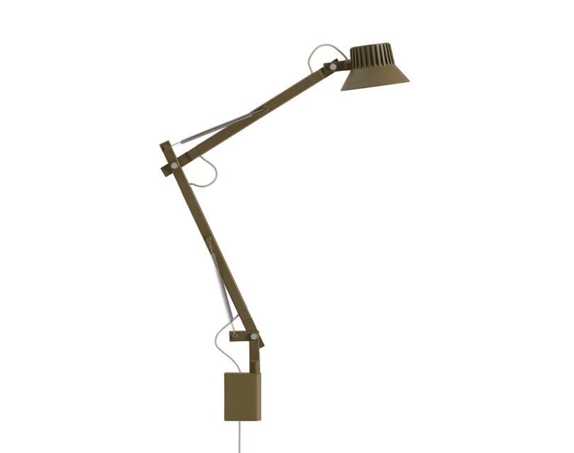 Olive green and brown desk lamp with spring arm and small LED light, equipped with wall mount