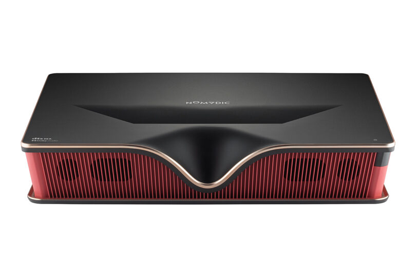 Front view of the red and black Nomvdic P2000UST-RGB 4K UST Triple Laser TV Projector