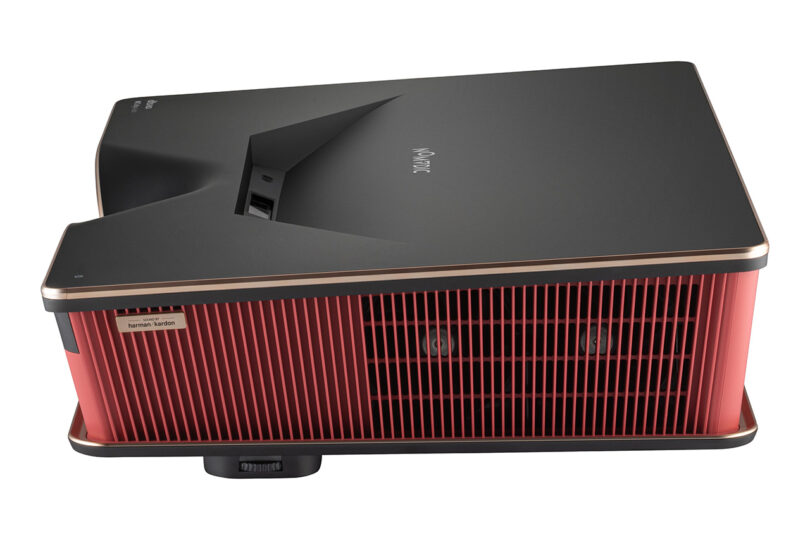 Side view of the red and black Nomvdic P2000UST-RGB 4K UST Triple Laser TV Projector