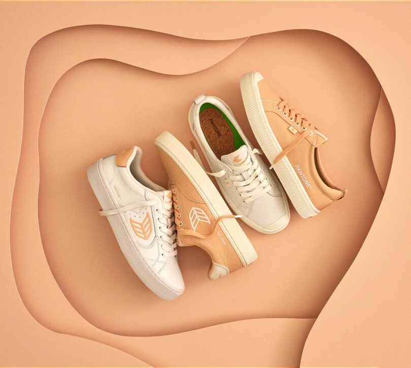 Pantone collaboration with Cariuma featuring peach and white colored sneakers