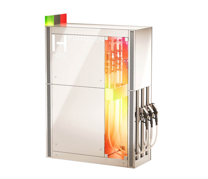 Philippe Stark designed HRS by STARCK hydrogen distribution terminal with three pump handles and orange-red mirrored window and polished stainless steel box case exterior.
