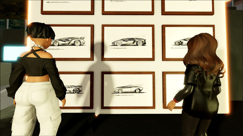 Two female Roblox online avatars looking at a sketches of the Lamborghini Lanzador concept car