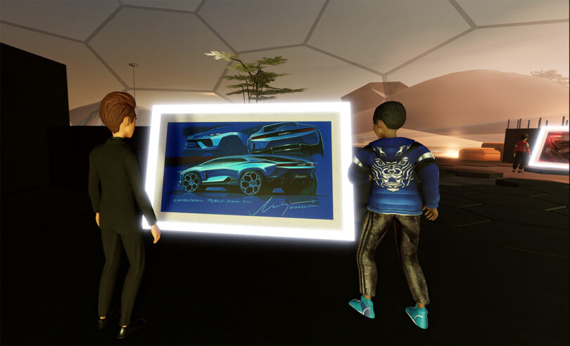 Two Roblox online avatars are looking at glowing framed images of the Lamborghini Lanzadore concept car.