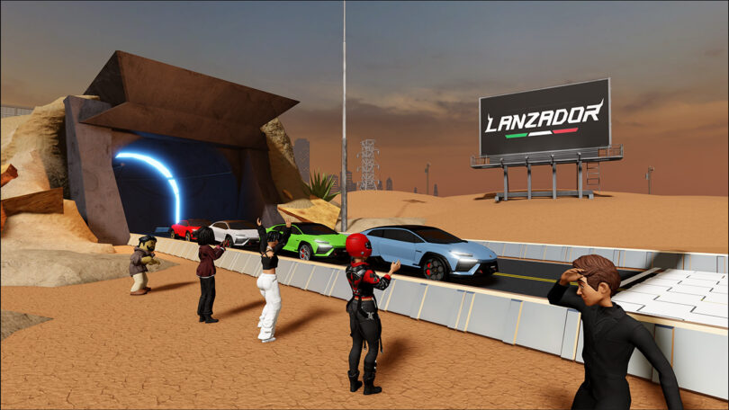 Roblox online avatars cheering on a procession of Lamborghini vehicles about to race a time trials event.
