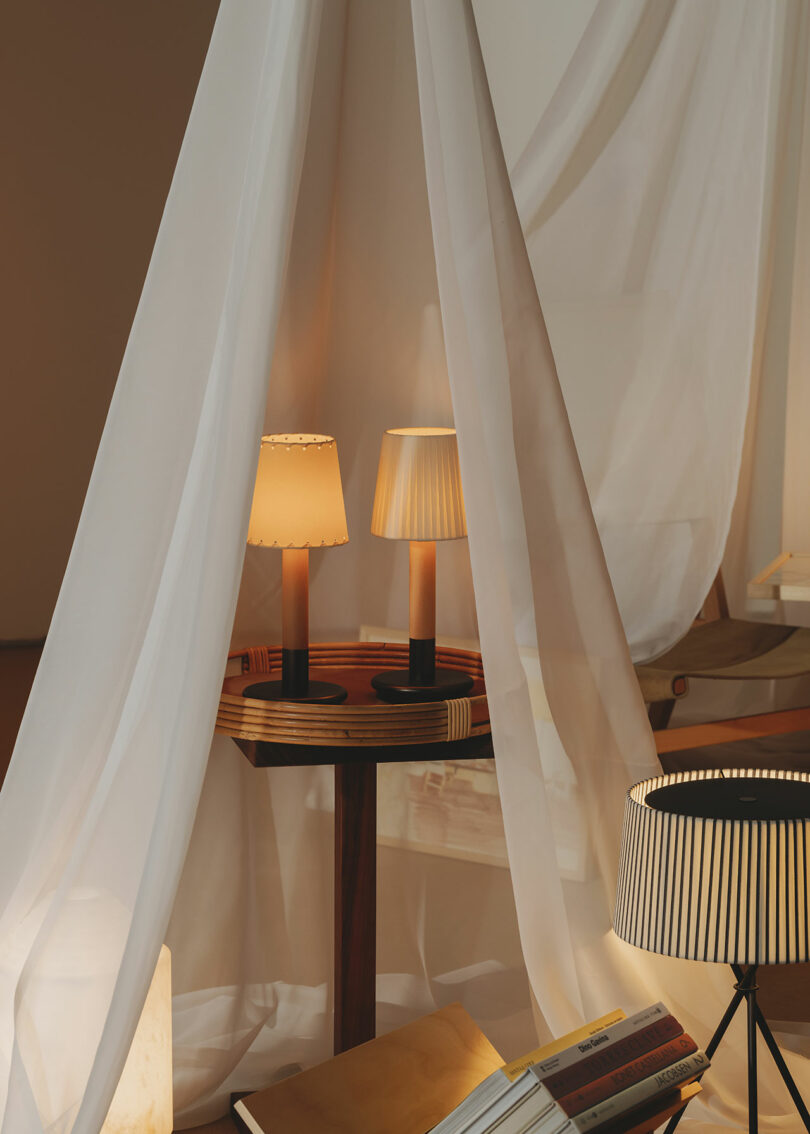 Two small table lamps in a tent