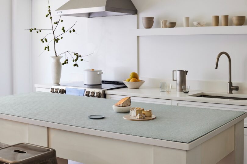 kitchen island with covered textile surface top