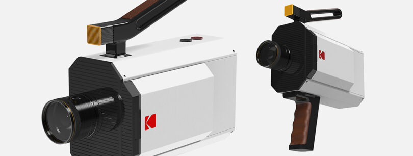 Two Kodak Super 8 Camera shown side by side, both with white case finish. Camera on right shown with its pistol grip out and open.