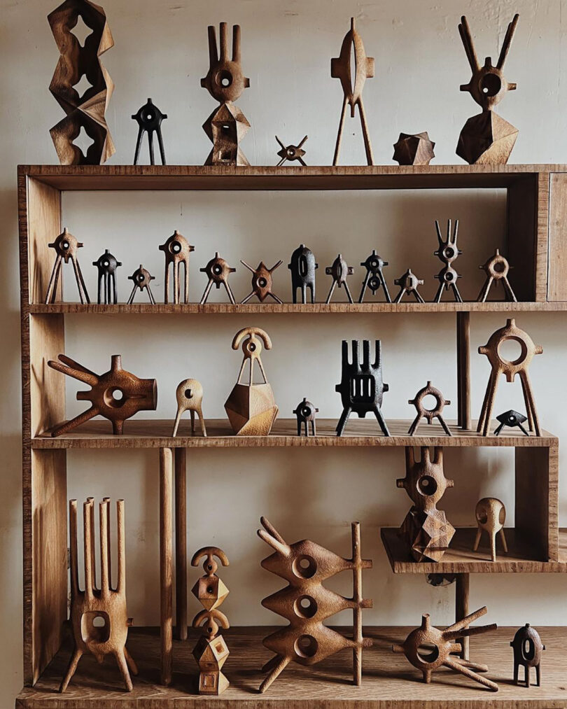 Bookshelf displaying numerous wood carved geometric sculptures of artist Aleph Geddis. 