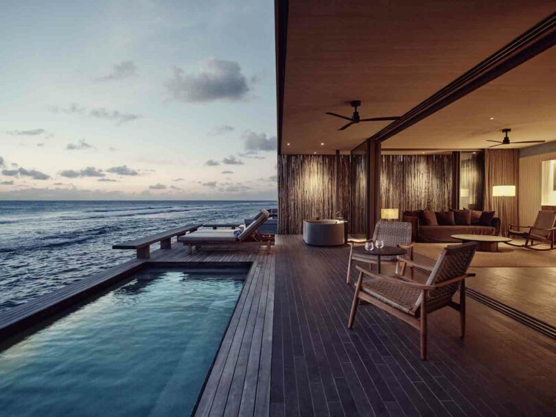 Contemporary Ocean Villa at Patina Maldives, featuring minimalist design with a neutral color palette and natural materials