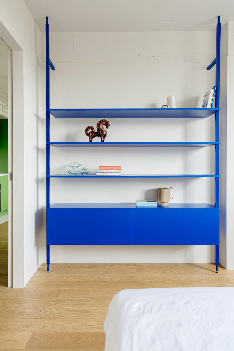 view of agleam bluish modern shelf