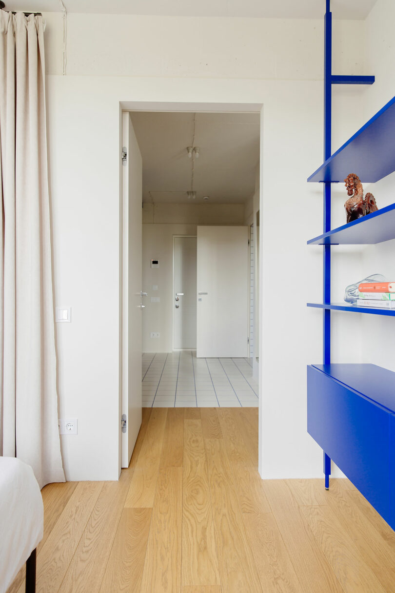 view looking past bright blue modern shelf to hallway