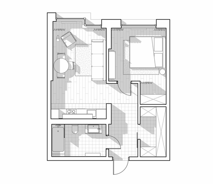 black and achromatic level scheme of mini apartment