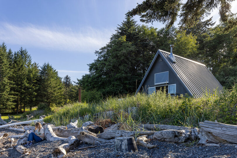 angled exterior view of modern gray A-frame cabin surrounded by green trees and tall grass