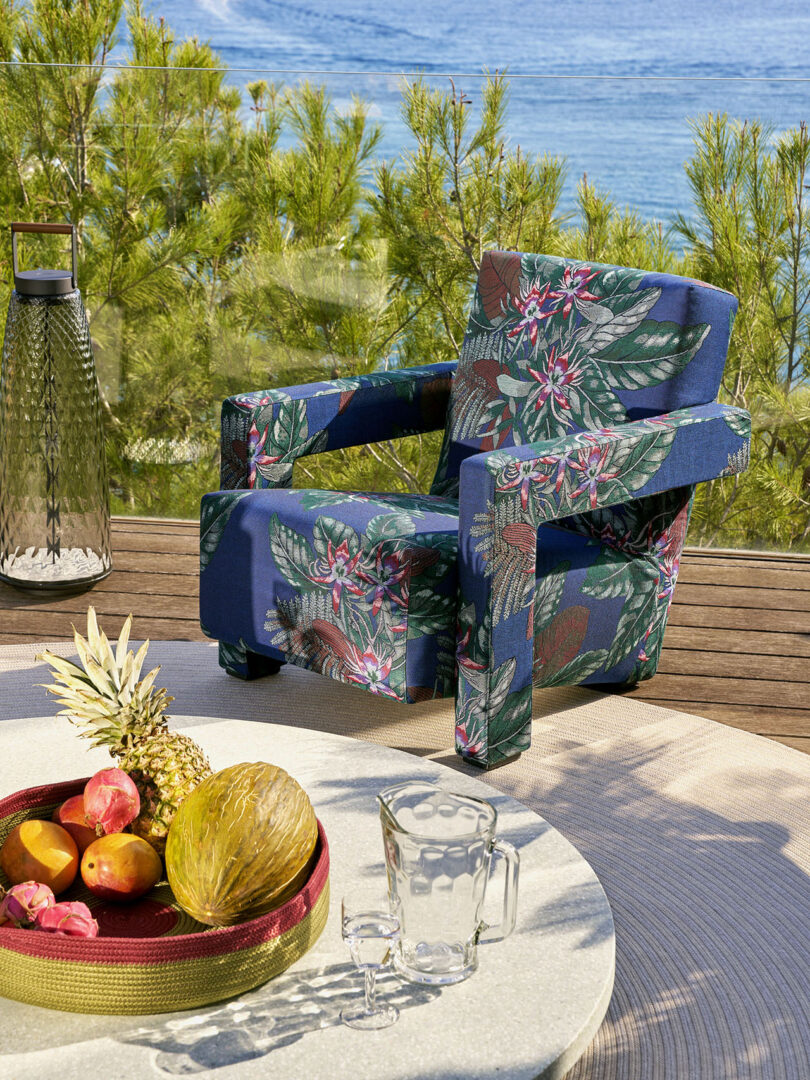 blue floral patterned outdoor armchair