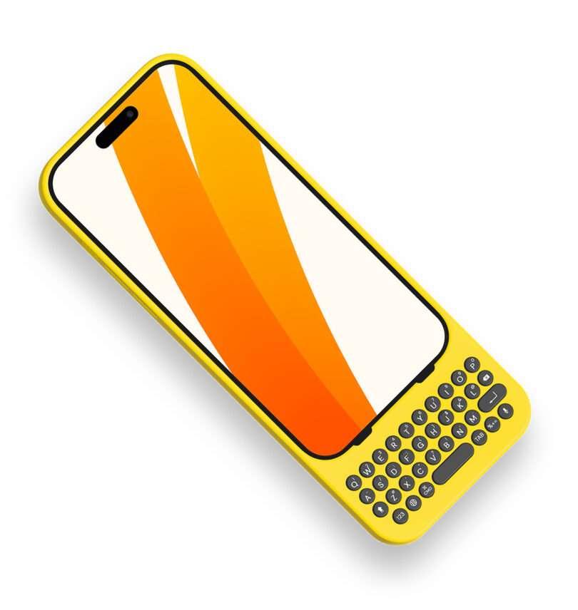 large yellow iPhone case with circular physical keyboard