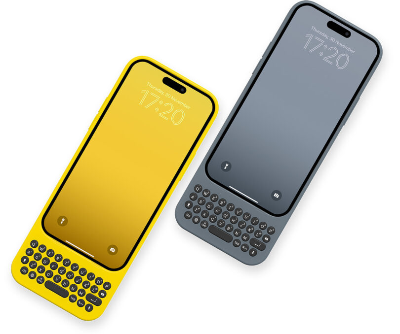 Two iPhone cases, one yellow, one gray each with circular physical keyboard