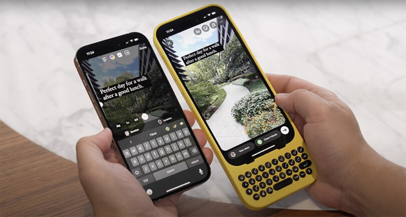 Person hold iPhone without case in one hand and yellow Clicks case in the other comparing typing